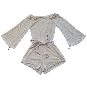 Saints+Secrets Beige Waffle Knit Bell Sleeve Tie Waist Romper Size XS